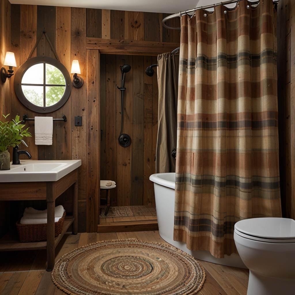 Earthy-toned or plaid shower curtains create a cozy, rustic farmhouse bathroom. Warm lighting and vintage fixtures complement the simple elegance.