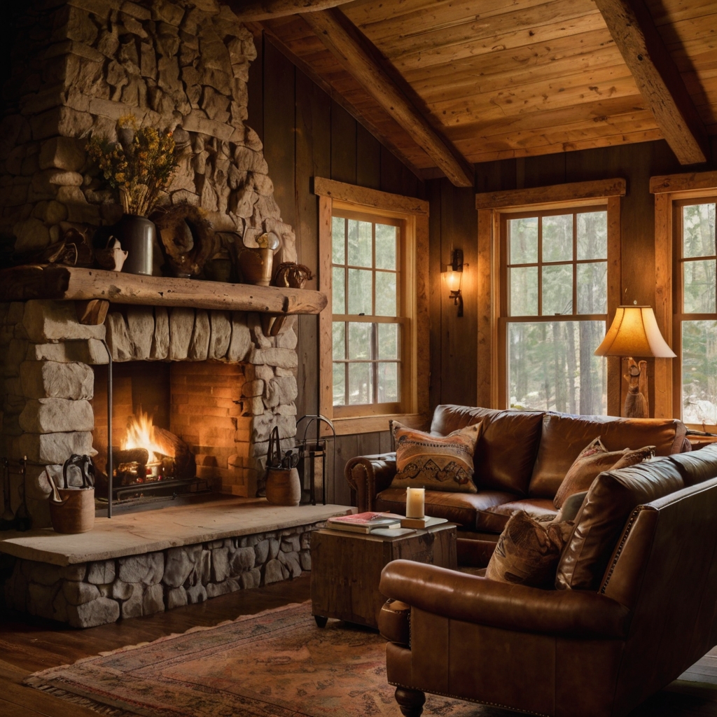 Immerse yourself in a cozy, rustic cabin with reclaimed wood beams and vintage decor. Feel the warmth and charm of the space.