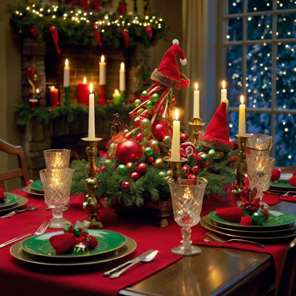 Decorate with miniature toys, tiny sleighs, and playful elf hats to bring Santa’s magic to your dinner setting.