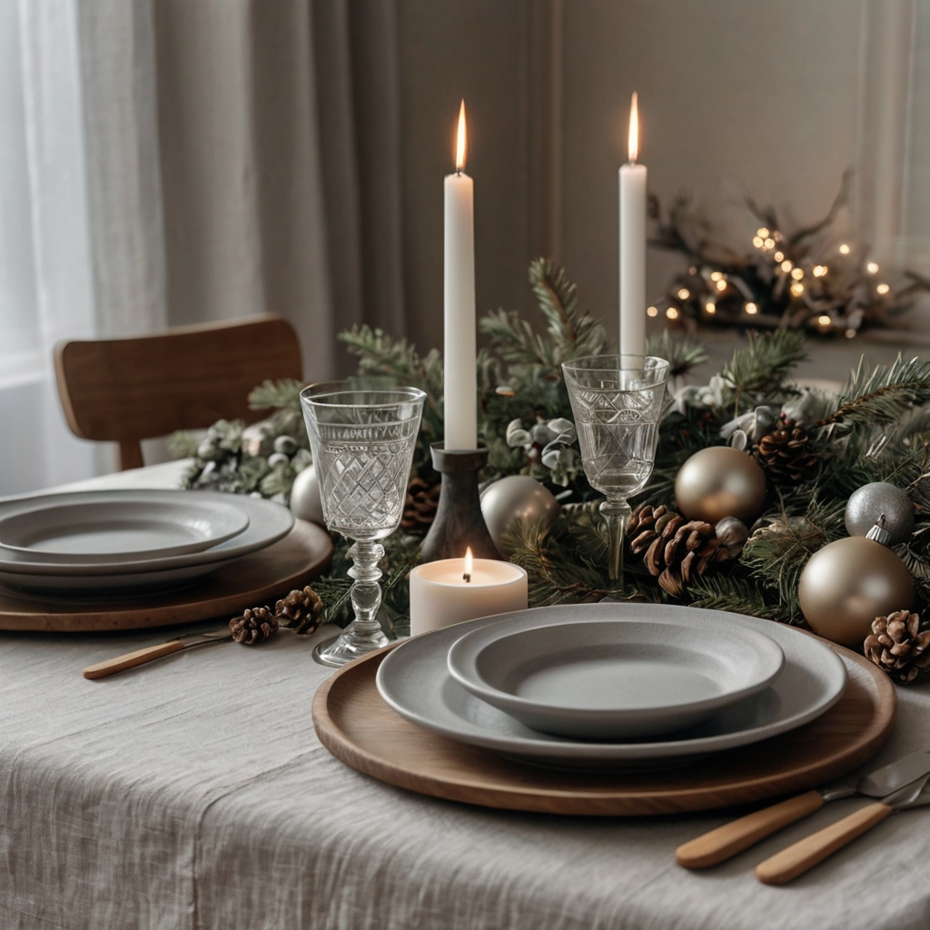 Design a minimalist holiday table with neutral colors and woven textures for a calming, modern feel.