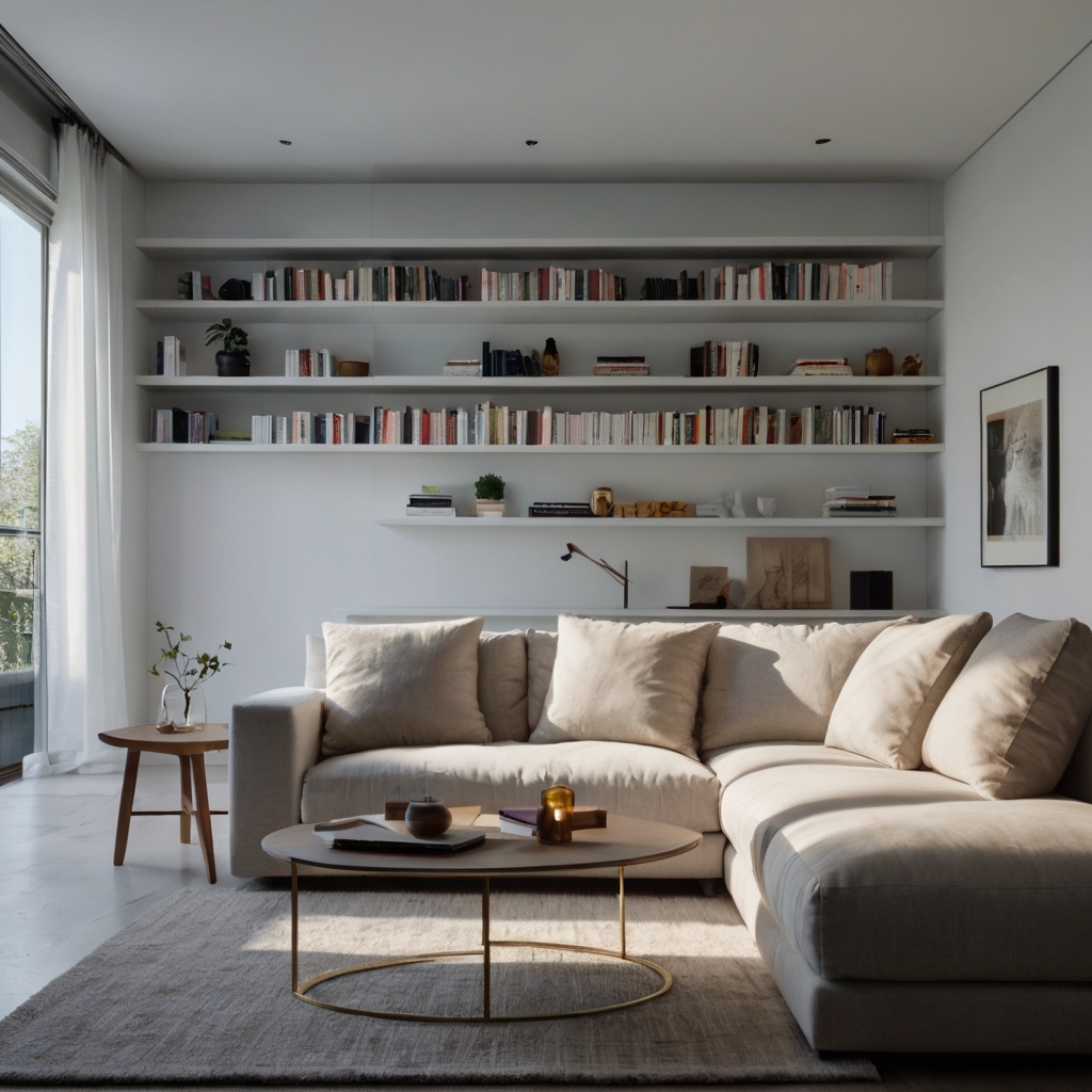 Maximize your minimalist space with sleek floating shelves mounted on a white wall. Perfect for books and decor, they create a clean, efficient layout. Optimize your space beautifully with floating shelves today!