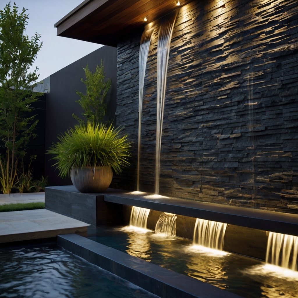Water flows gently down a sleek slate wall, creating a minimalist waterfall in a modern outdoor space.