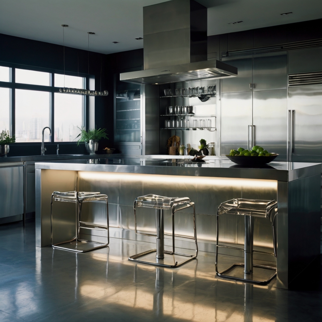 Enhance your modern kitchen with sleek chrome island chairs that shine. Create a futuristic aesthetic with reflective surfaces and bright lighting.