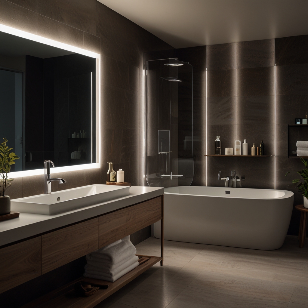 Control your bathroom lighting with smart technology, offering customizable brightness and color for a modern experience.