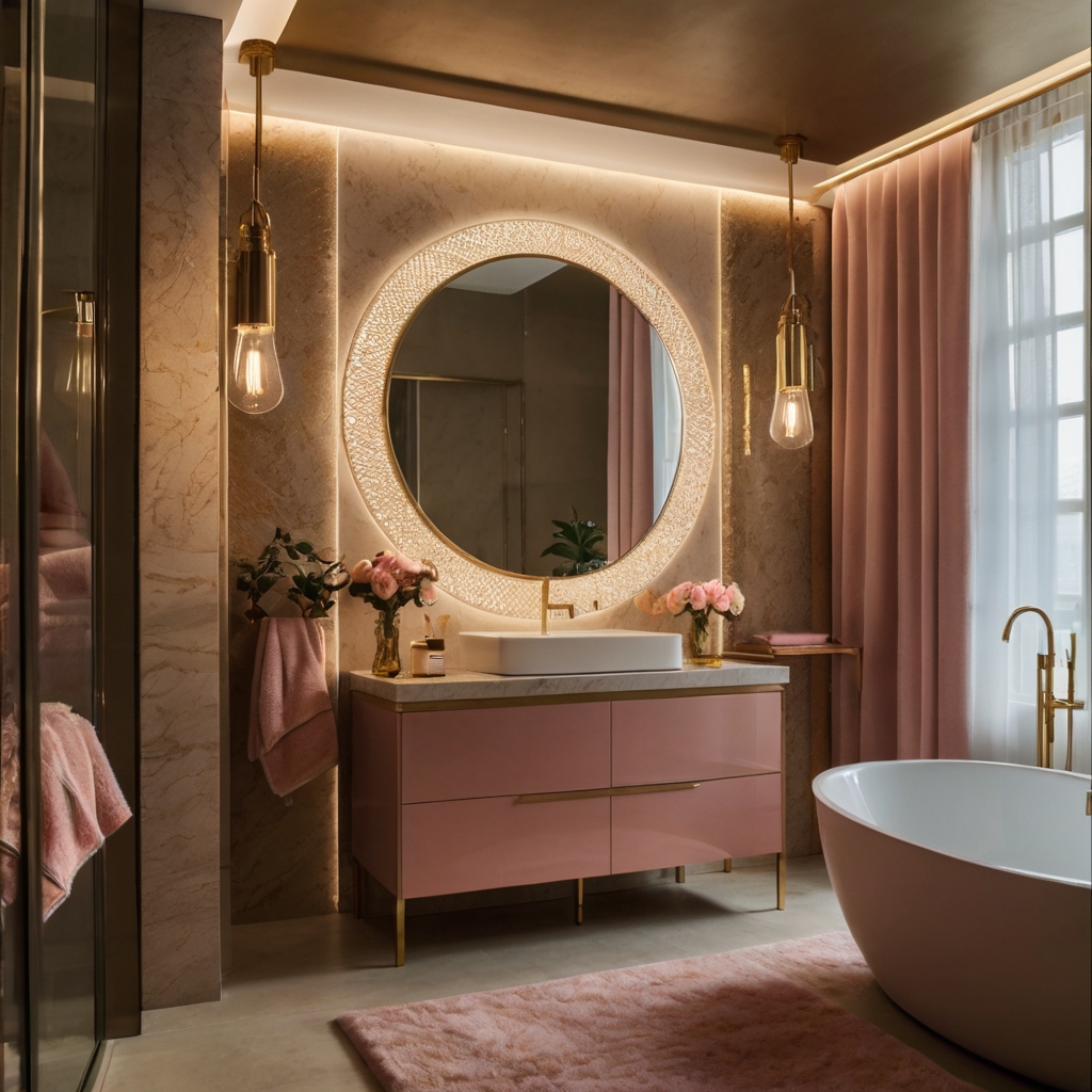 A cozy bathroom with warm lighting and a crystal-accented chandelier enhances the soft pastel pink walls. Elegant marble and fresh flowers complete the inviting ambiance.