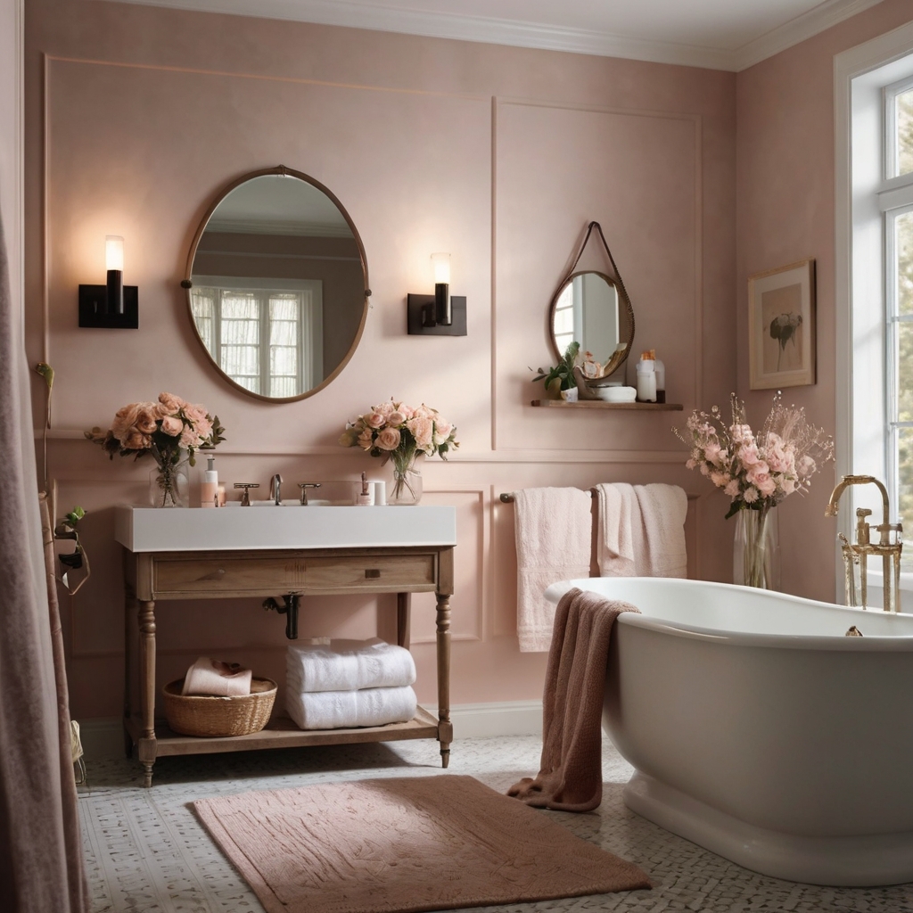 A serene bathroom with blush pink walls, frosted windows, and warm lighting, creating a soothing and elegant vibe. The minimalist sink and pastel decor enhance the feminine charm.