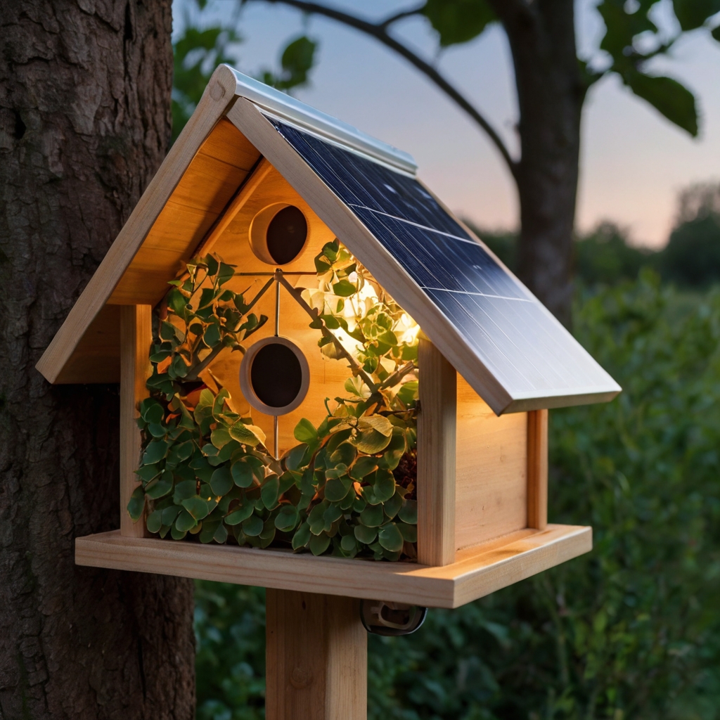 Design a solar-powered birdhouse with integrated panels, set in a vibrant garden. Showcase the eco-friendly design with solar lights glowing softly at night, blending technology with nature.