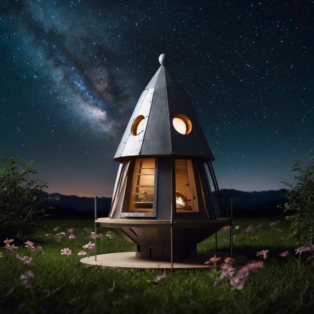 Illustrate a space-themed birdhouse with sleek, futuristic design elements like rockets or planets. Place it under a starry sky to evoke an intergalactic vibe for birdwatching.