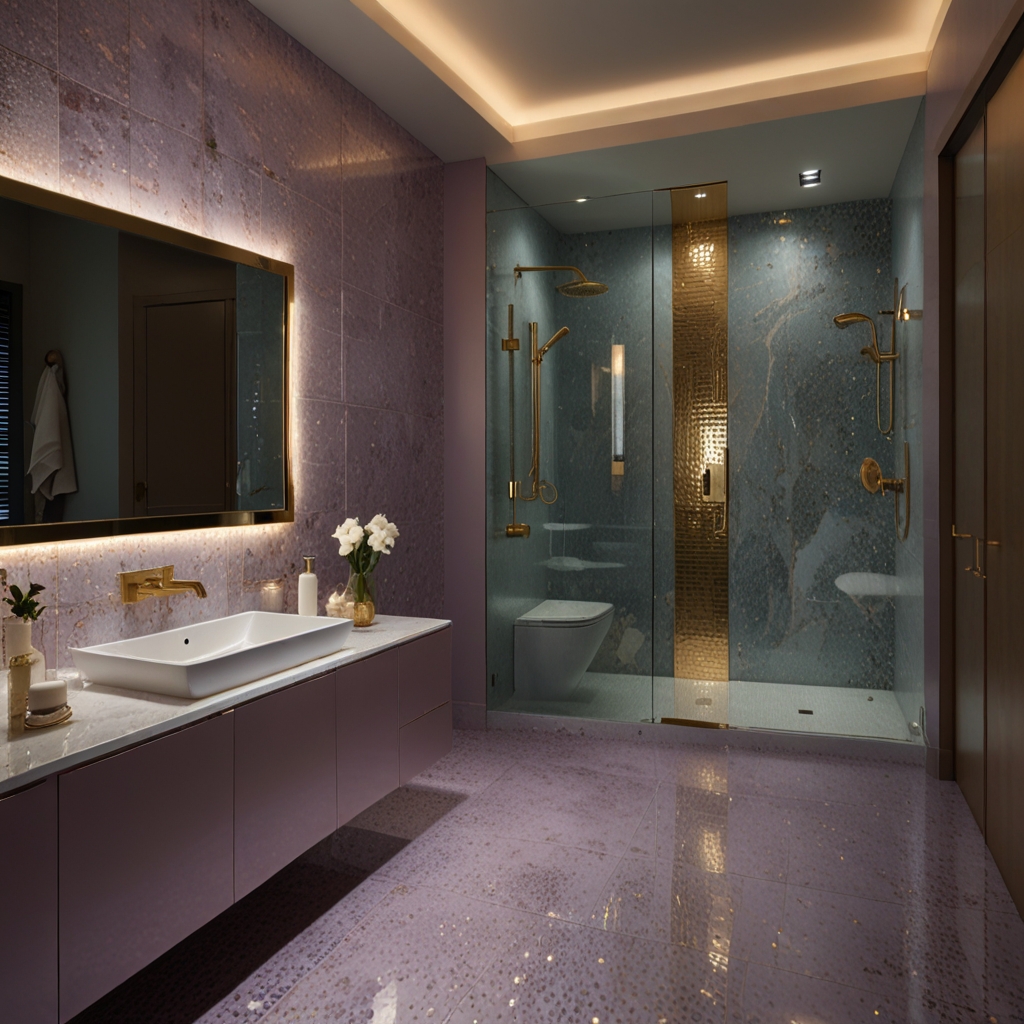 Metallic floor tiles shimmer under warm lighting, adding a chic, luxurious touch. Soft lavender walls and sleek white fixtures balance the enchanting sparkle.