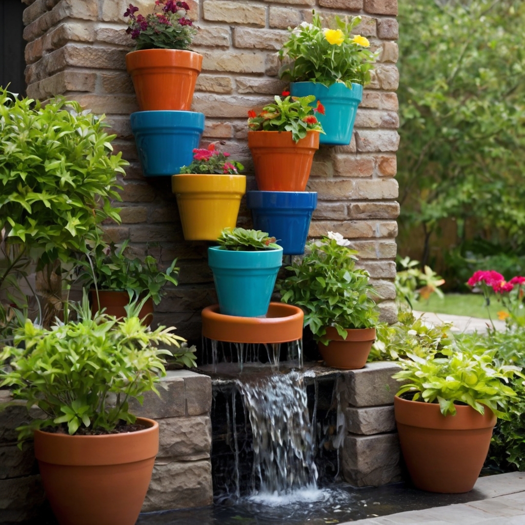 Colorful flowerpots stacked for a vertical waterfall, with water flowing down each level in a cozy garden setting.