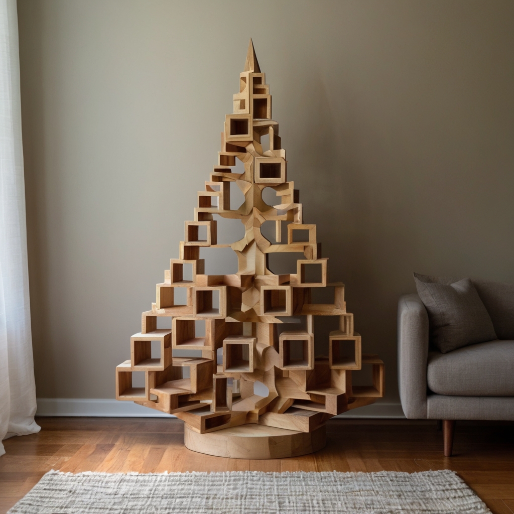 Stack wooden blocks into a sleek geometric tree design for a minimalist holiday look. Visit our site for more modern wooden tree inspirations!