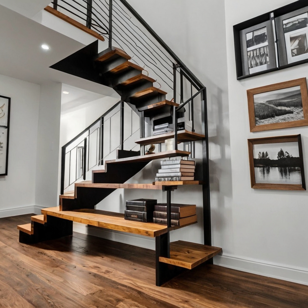 Turn your staircase into a storage masterpiece with built-in shelves for books and décor. Perfect for modern or small homes, it’s a clever use of every step. Create stylish, hidden storage today!