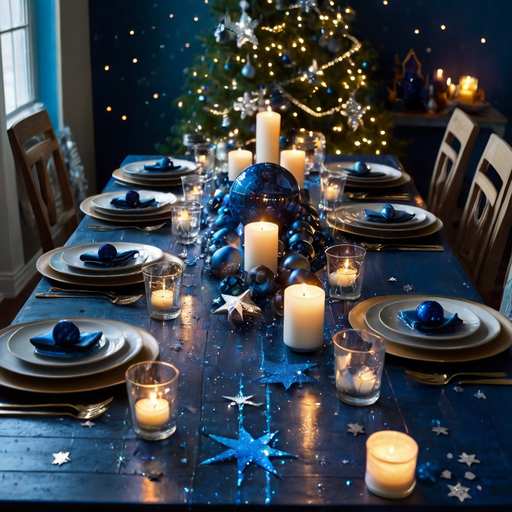 Scatter star cutouts and metallic details to create a celestial holiday table illuminated with sparkling lights.