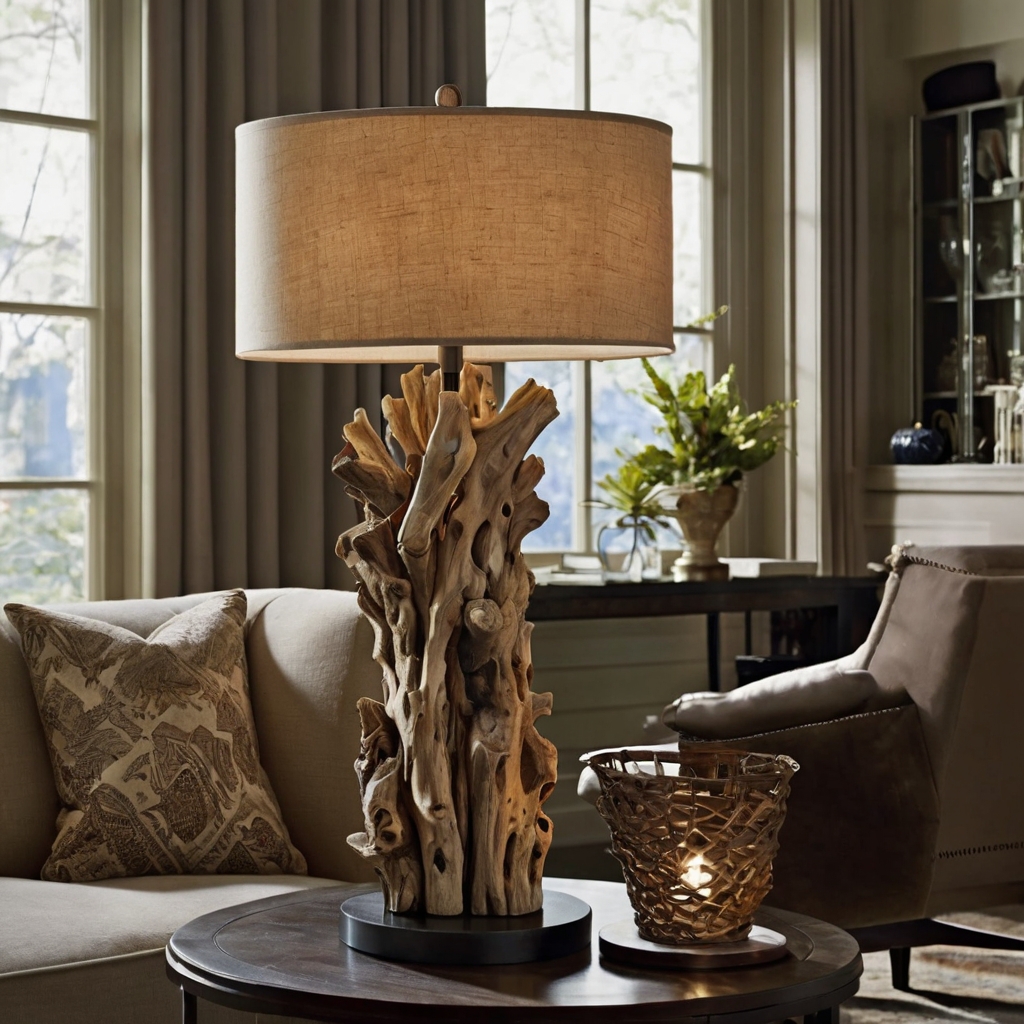 Bold driftwood lamps serve as stunning statement pieces. Enhance your living room with dramatic, nature-inspired decor.