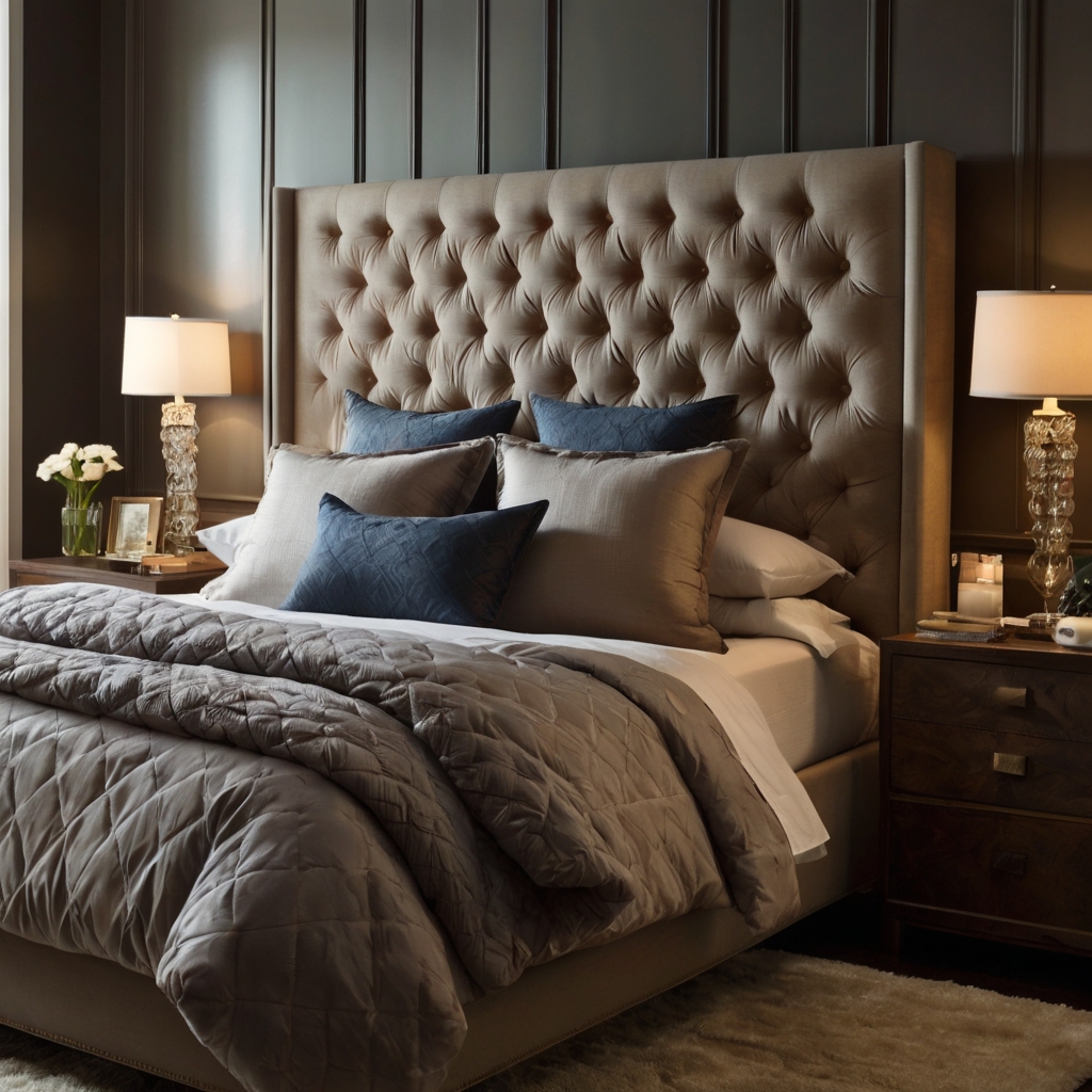 A chic bedroom with a bold, tufted headboard as the focal point. Warm bedside light highlights the headboard’s texture, adding sophistication to the room.