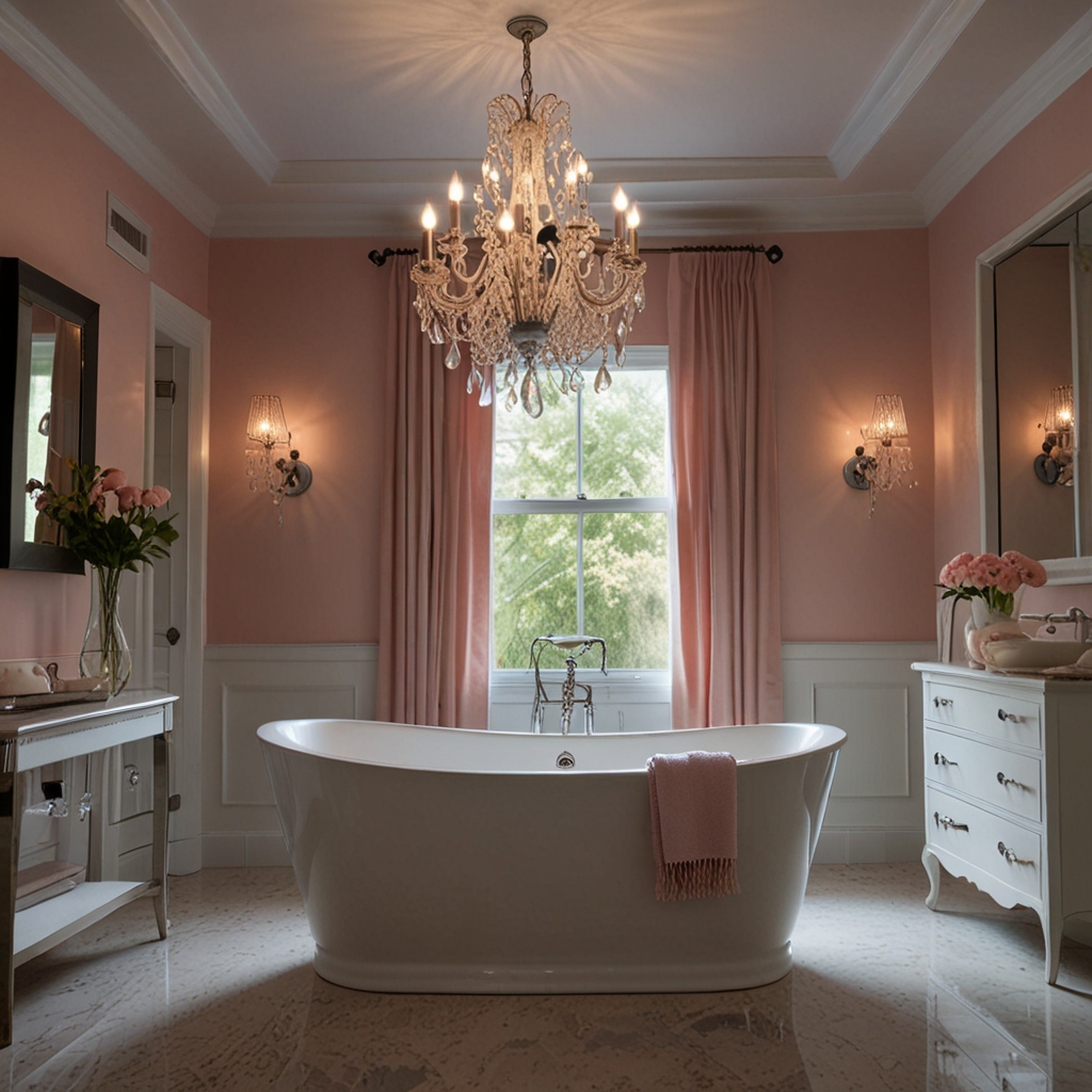 A crystal chandelier above a white tub creates a striking focal point. Soft pastel walls and natural light enhance the chic, spa-like ambiance.