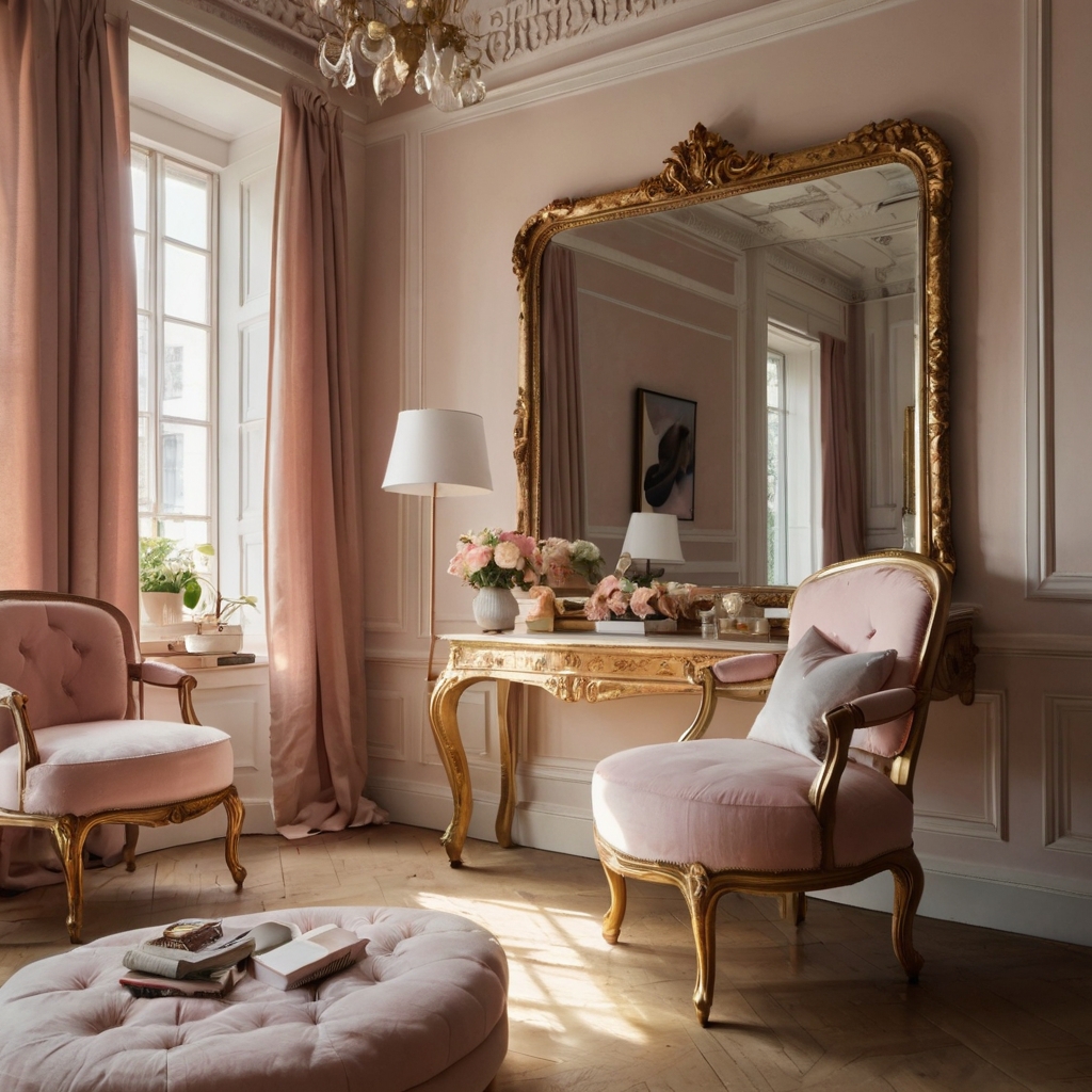 A chic room with a vintage gold-framed mirror reflecting soft daylight. The mirror amplifies natural light, making the space feel larger and brighter