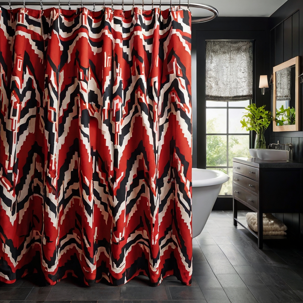 Bold geometric shower curtains in vibrant hues make a striking statement in a modern bathroom. High-contrast lighting brings out the sharp patterns.