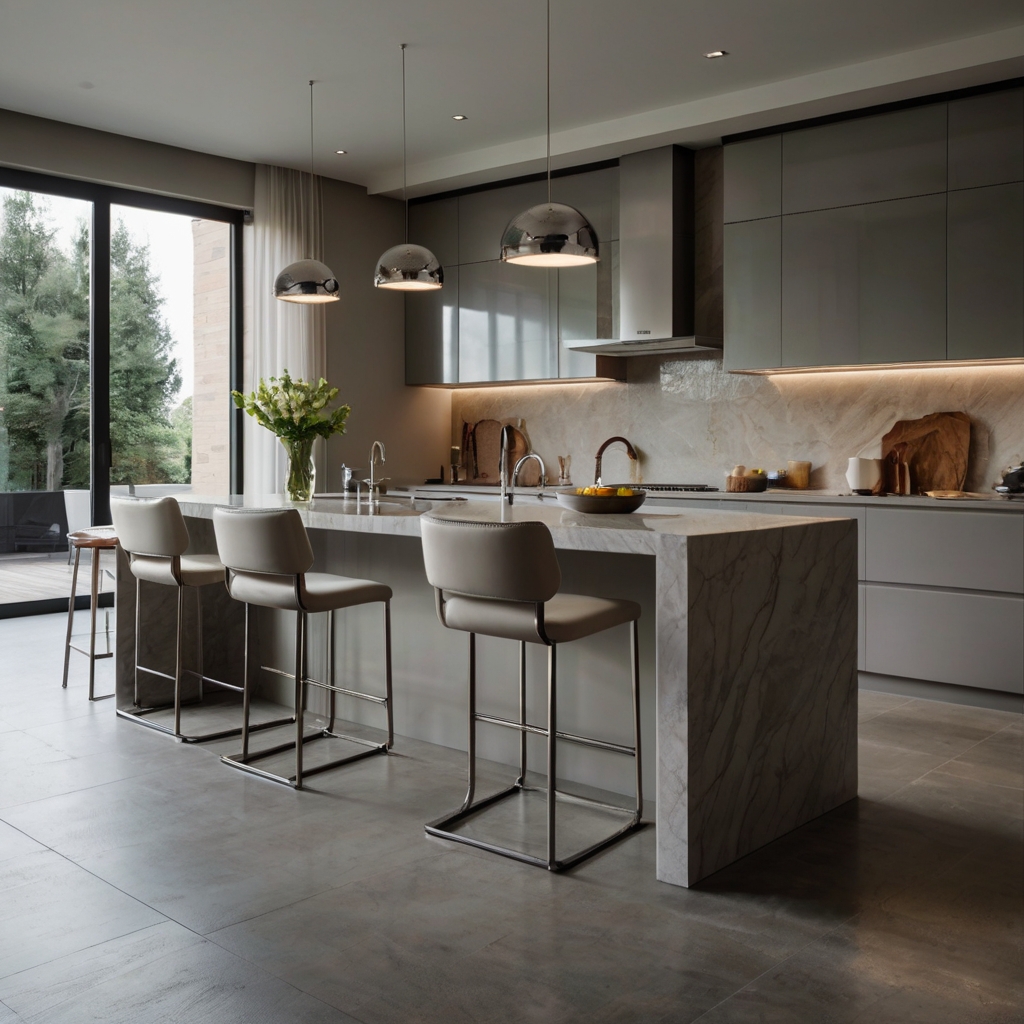 Modern kitchen chairs with sleek metal frames and neutral tones create an elegant atmosphere. Explore the clean, minimalist aesthetic with natural light streaming in!