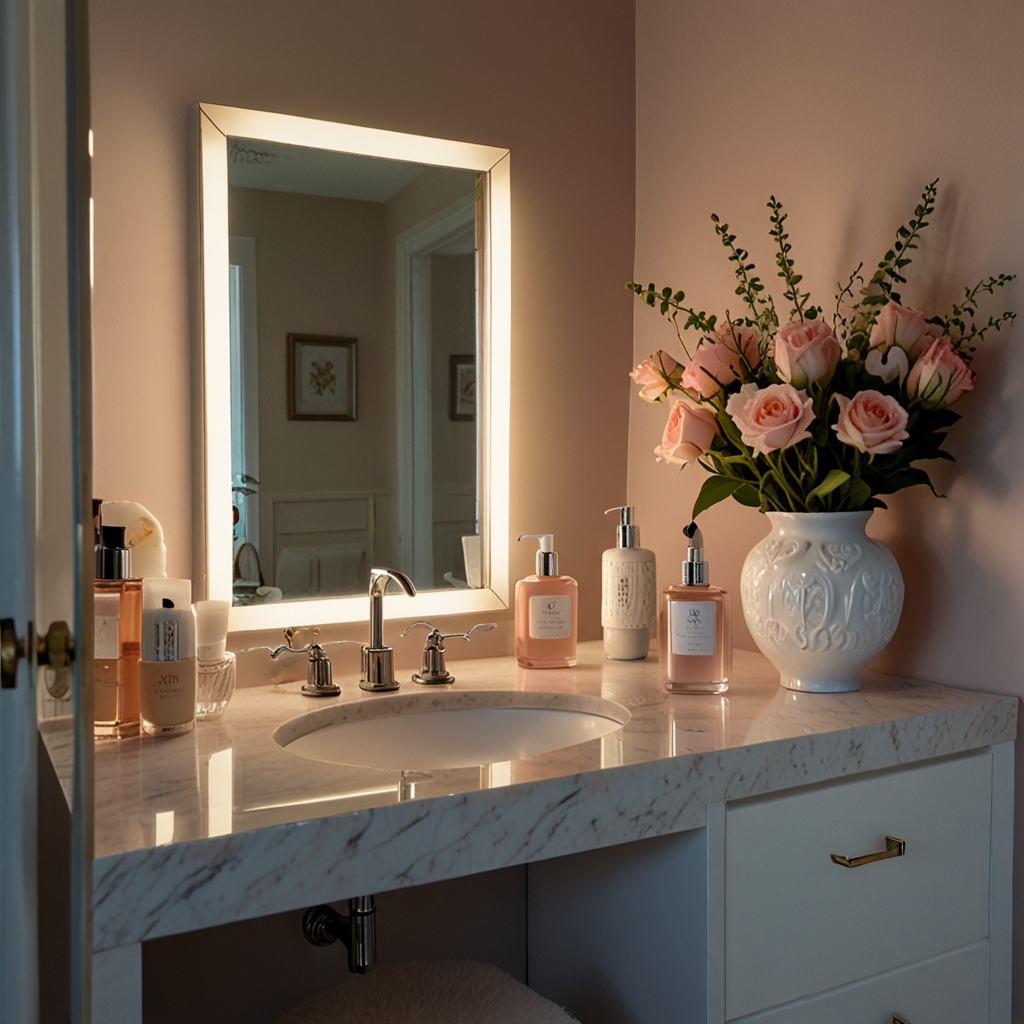 A floral vanity tray displays perfumes and beauty items in a pastel bathroom. Warm light enhances the elegance of this organized, feminine touch.