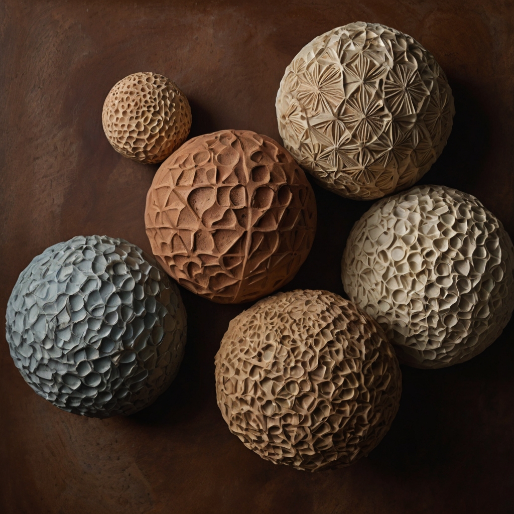 Textured clay globes representing Earth or celestial bodies. Soft lighting enhances the handmade texture, evoking a sense of exploration.