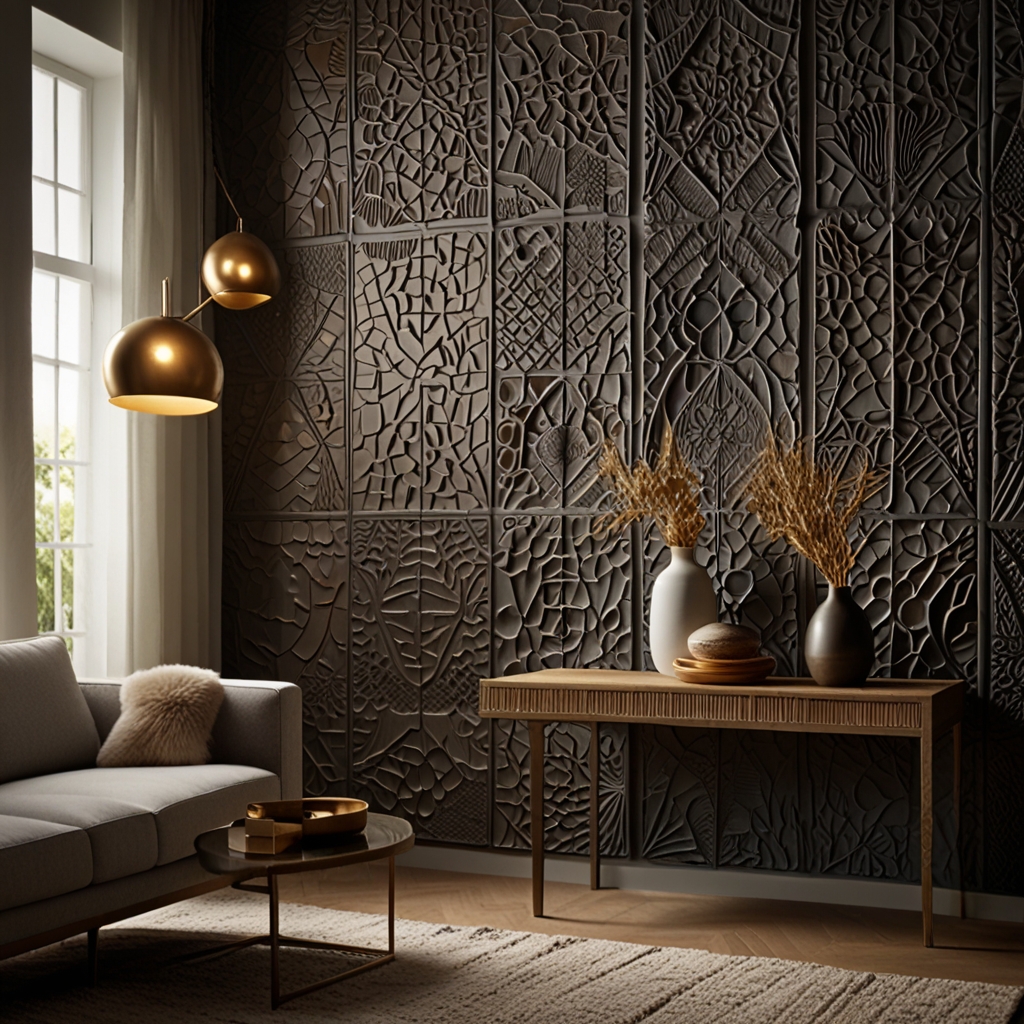 Textured clay panels arranged in diverse patterns and finishes. Soft lighting casts shadows, highlighting the artwork’s modern, dynamic feel.