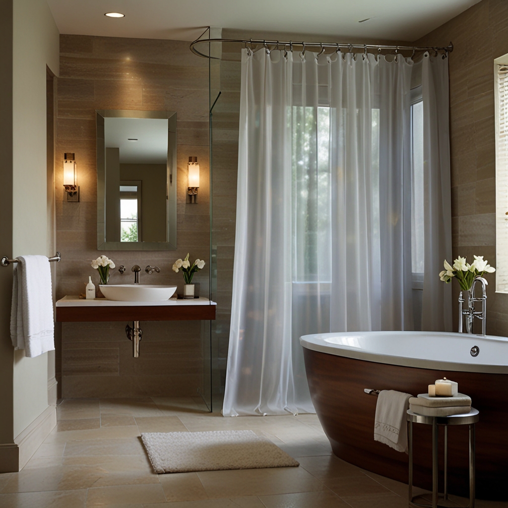 Elevate your bathroom with luxurious sheer curtains that gently diffuse the light. Create a soft, airy atmosphere for a spa-like retreat.