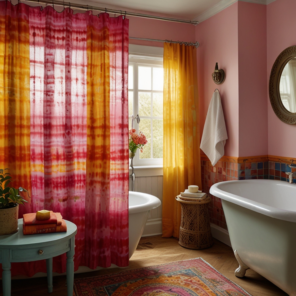 Bring a boho vibe to your bathroom with vibrant, tie-dye shower curtains. Warm lighting creates a fun, relaxed atmosphere.