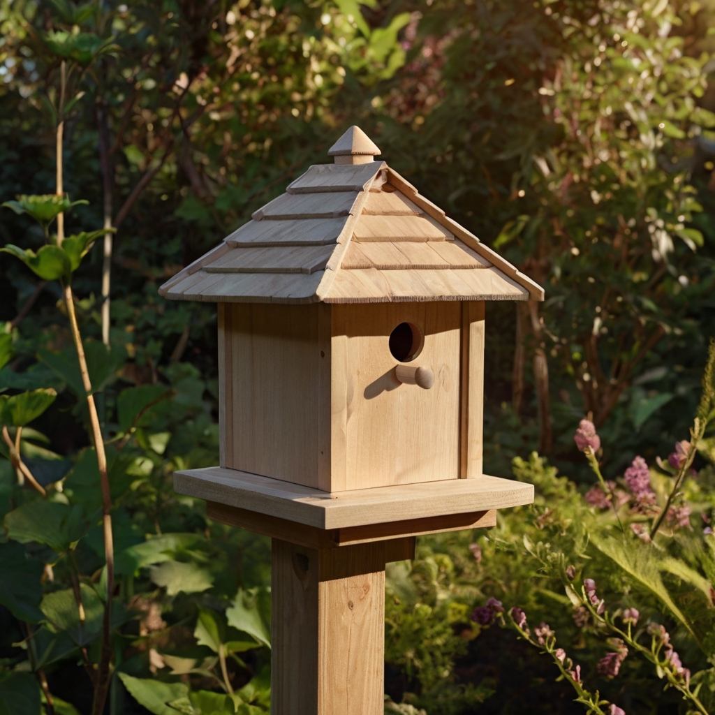 Craft a classic wooden birdhouse with natural finishes, nestled in lush greenery. Evoke nostalgia with a cozy design bathed in warm sunlight.