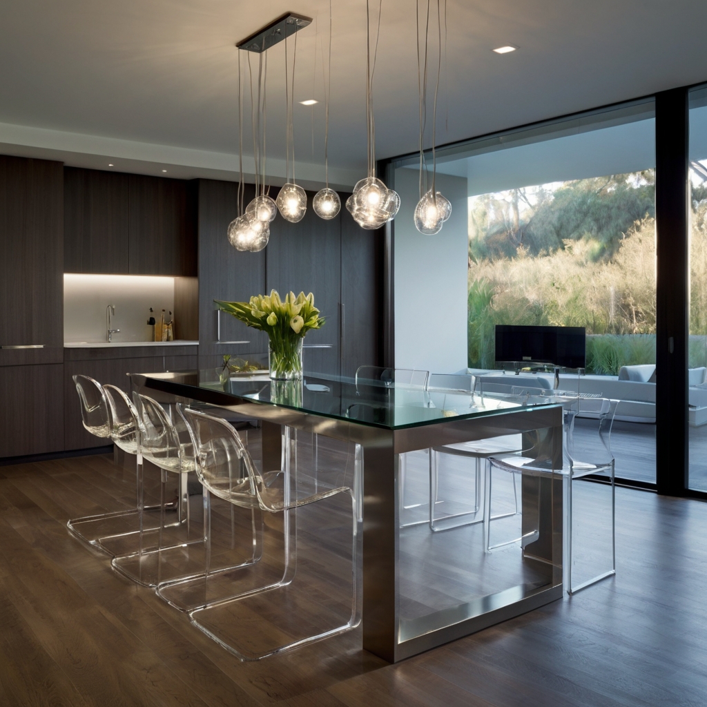 Embrace modern elegance with transparent acrylic island chairs in a minimalist kitchen. Enhance the airy design with soft lighting and sleek stainless accents.