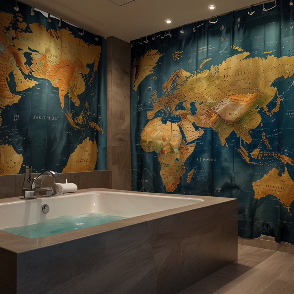 Spark wanderlust with shower curtains featuring maps or cityscapes. Soft lighting accentuates the details, creating an adventurous ambiance.