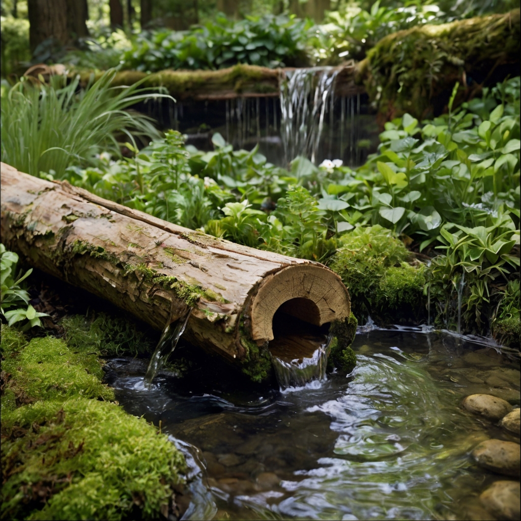 An old tree trunk hollowed out to form a natural water channel, blending seamlessly with outdoor landscapes.