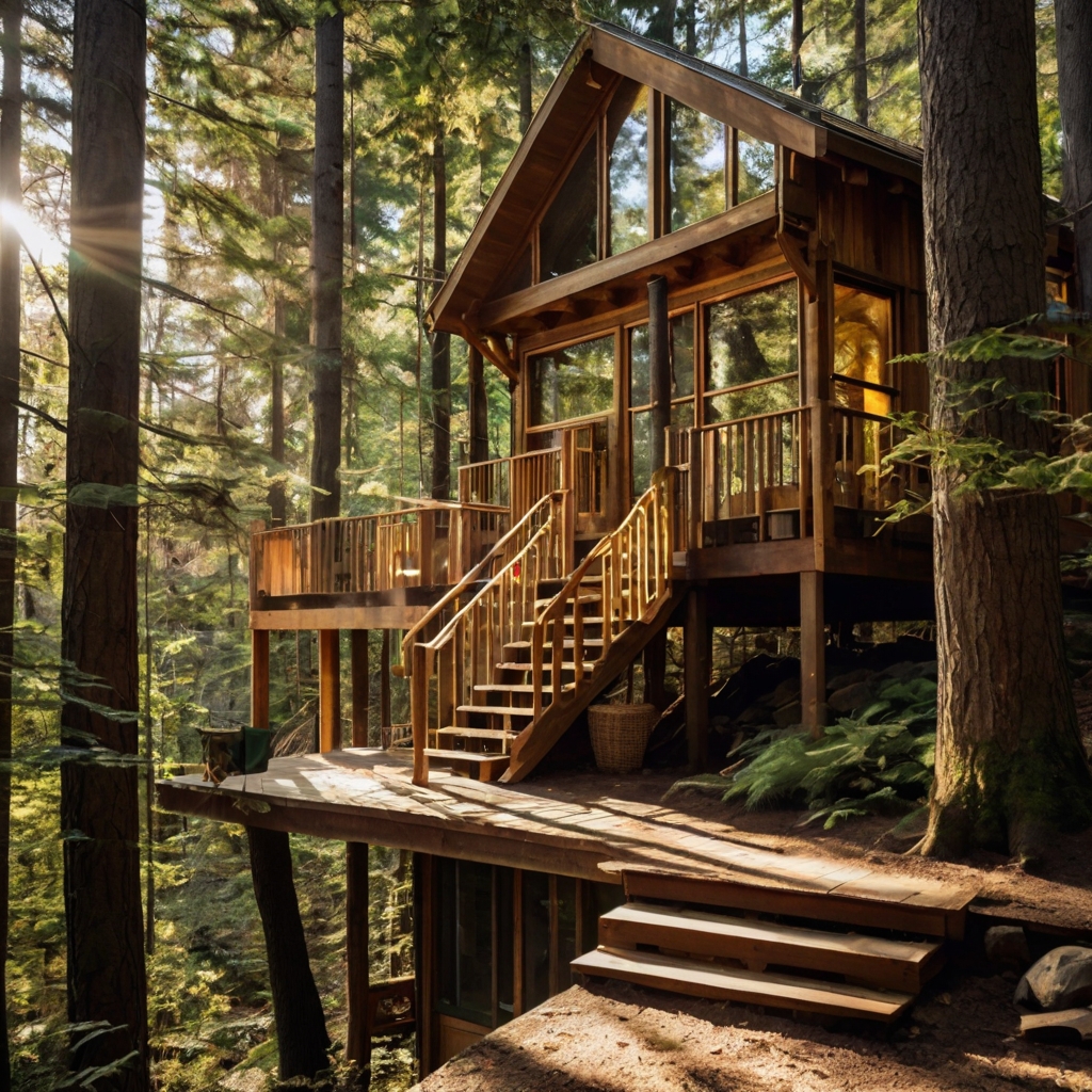 Stay in a whimsical treehouse cabin high among the trees. Enjoy expansive forest views and a touch of childhood wonder.