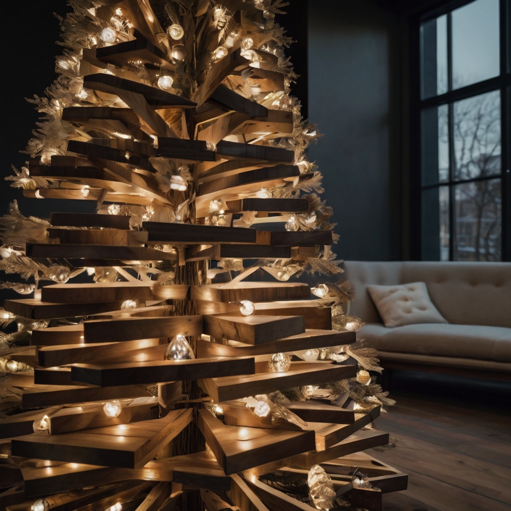 A modern triangle wooden tree with metallic ornaments and lights offers a sleek, stylish look for the holidays. Browse more geometric tree designs on our site!