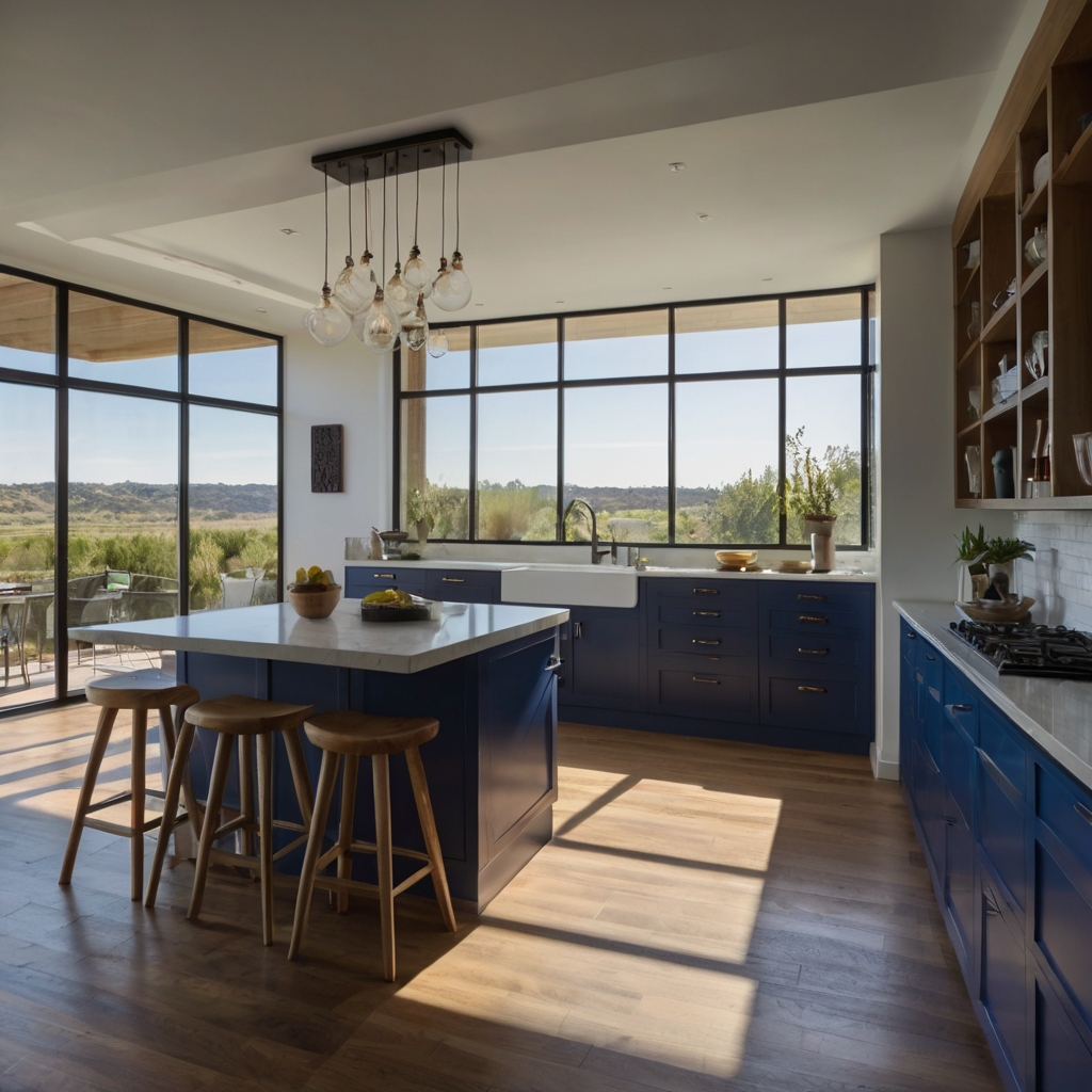 Add artistic flair with two-tone island chairs featuring contrasting colors. Highlight the dynamic designs with soft lighting and natural light streaming in.