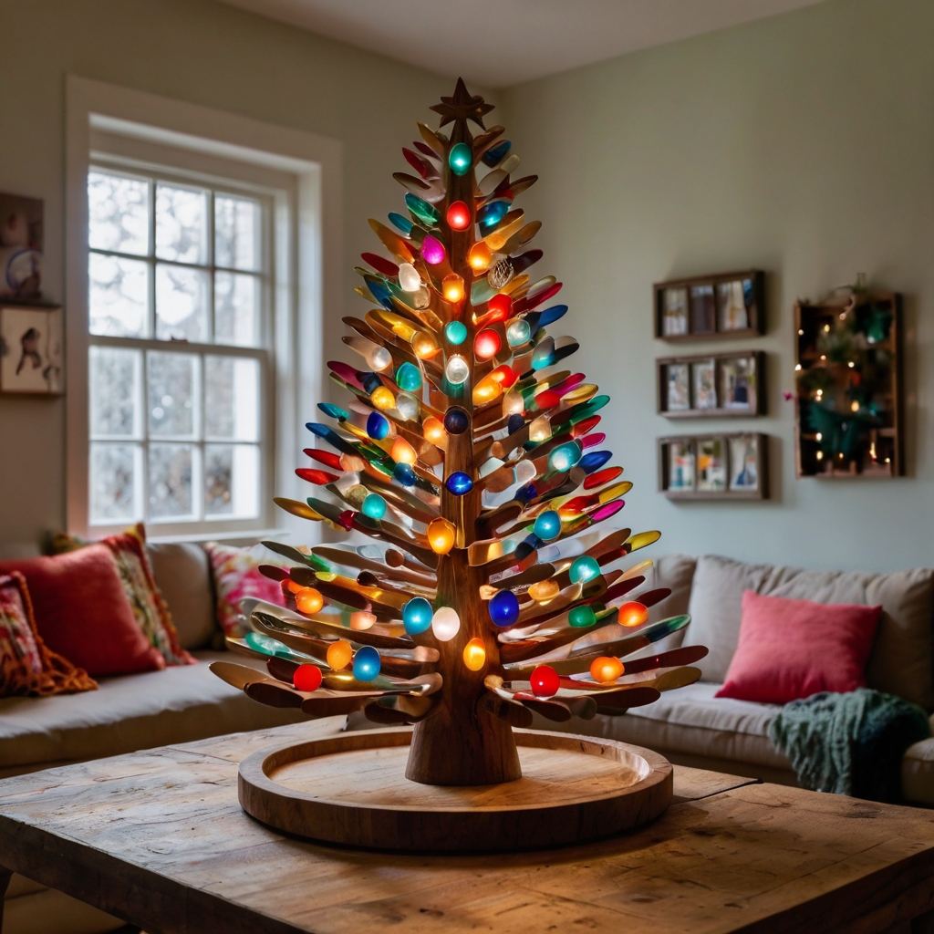 Create a whimsical wooden spoon tree, adorned with bright ornaments and lights for a playful, festive look. Browse more quirky tree ideas on our site!