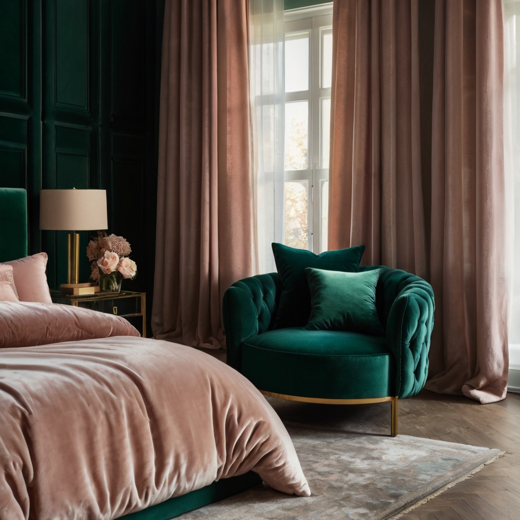 A luxurious girly bedroom featuring velvet cushions in emerald and blush tones. Soft daylight enhances the rich texture, adding sophistication and warmth.
