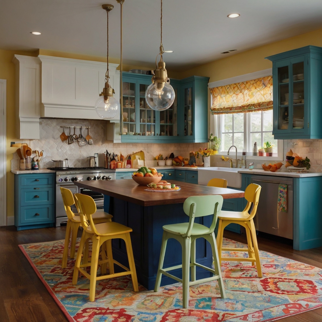 Create a fun, safe space with versatile island chairs designed for kids. Bright, cheerful colors and playful décor make this kitchen family-friendly.
