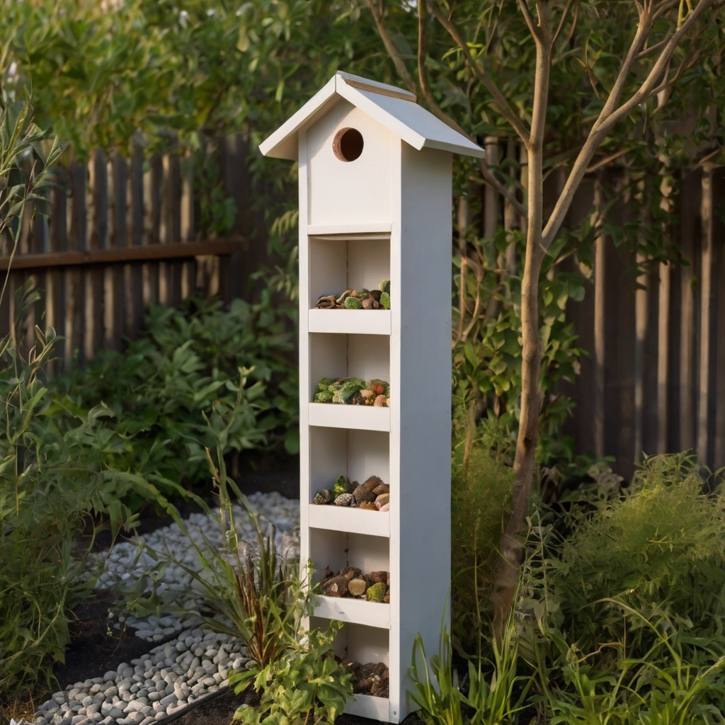 Maximize space with a tall, multi-tiered birdhouse for compact gardens. Add a charming vertical design perfect for nesting in small outdoor areas.