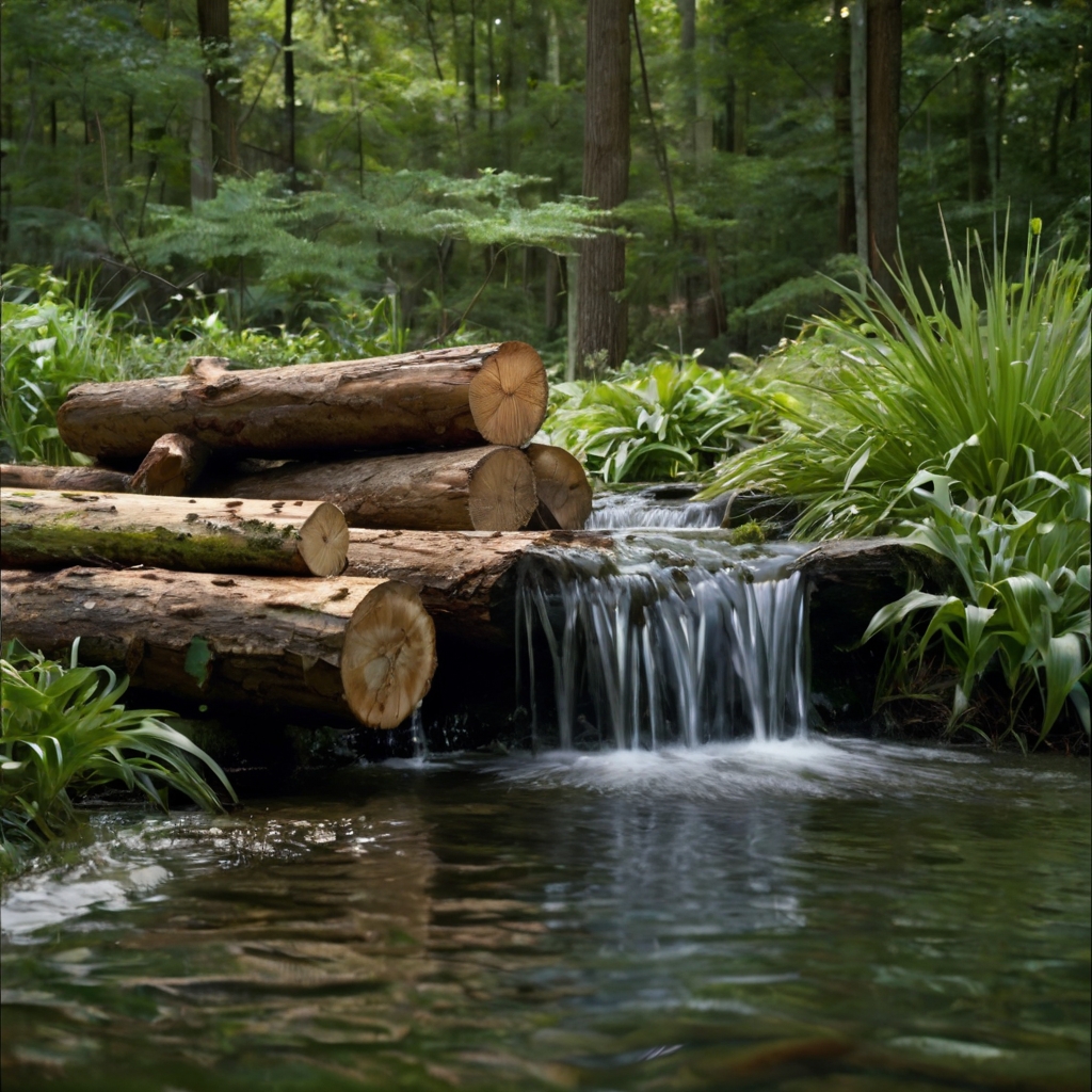 Vertical logs create a rustic, natural waterfall that blends seamlessly with outdoor greenery.