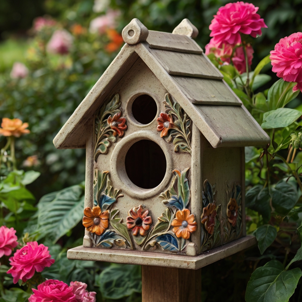 A vintage-style birdhouse with intricate details adds timeless elegance to your garden. Create a nostalgic, peaceful atmosphere with this art-inspired design!