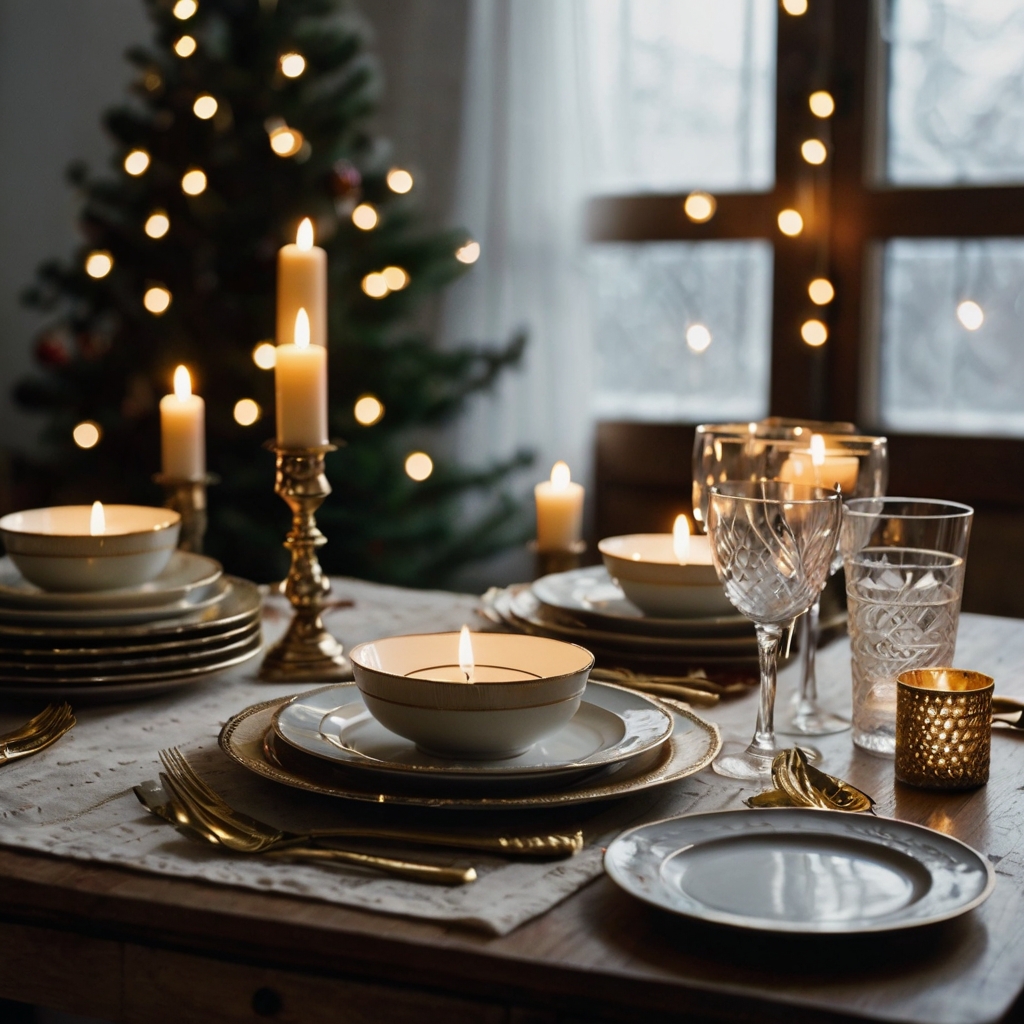 Layer antique plates with delicate linens and string lights for a nostalgic, timeless Christmas dinner setup.