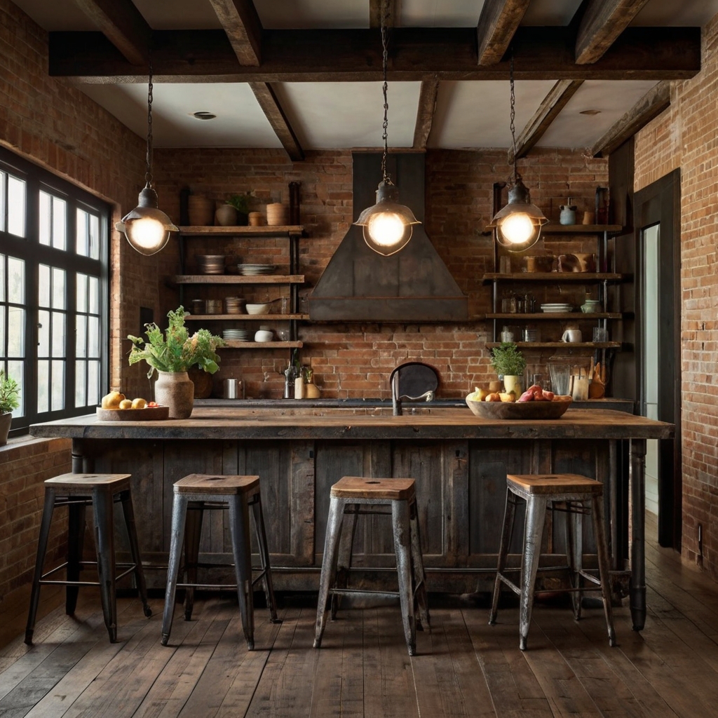 Add rustic charm with vintage iron island stools featuring industrial designs. Highlight the weathered look with soft, ambient lighting and timeless appeal.