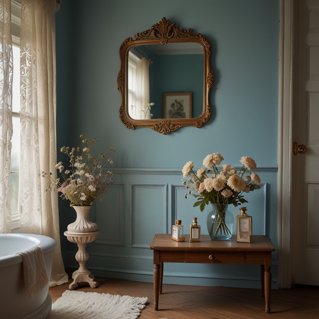 Charming vintage mirrors, porcelain dishes, and lace curtains set a romantic tone. Warm lighting highlights pastel walls and wooden shelves for a nostalgic, elegant space.