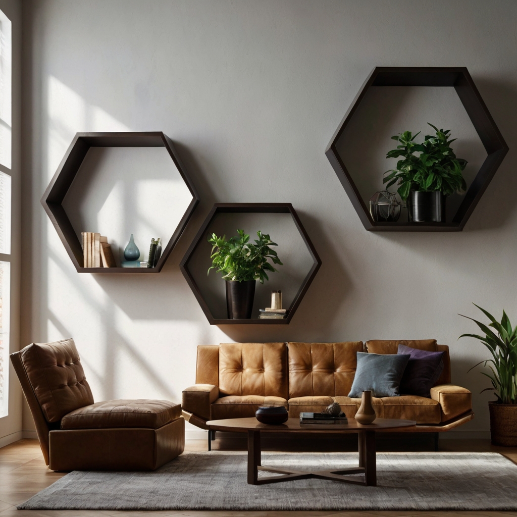 Transform your living room with wall-mounted geometric shelves in striking hexagonal and triangular shapes. Highlight your decor with dramatic spotlights. Bring modern artistry to your home now!