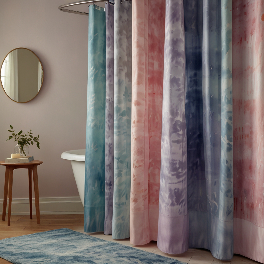 Create a peaceful retreat with soft watercolor shower curtains in pastel hues. Gentle, diffused lighting enhances the calming effect.