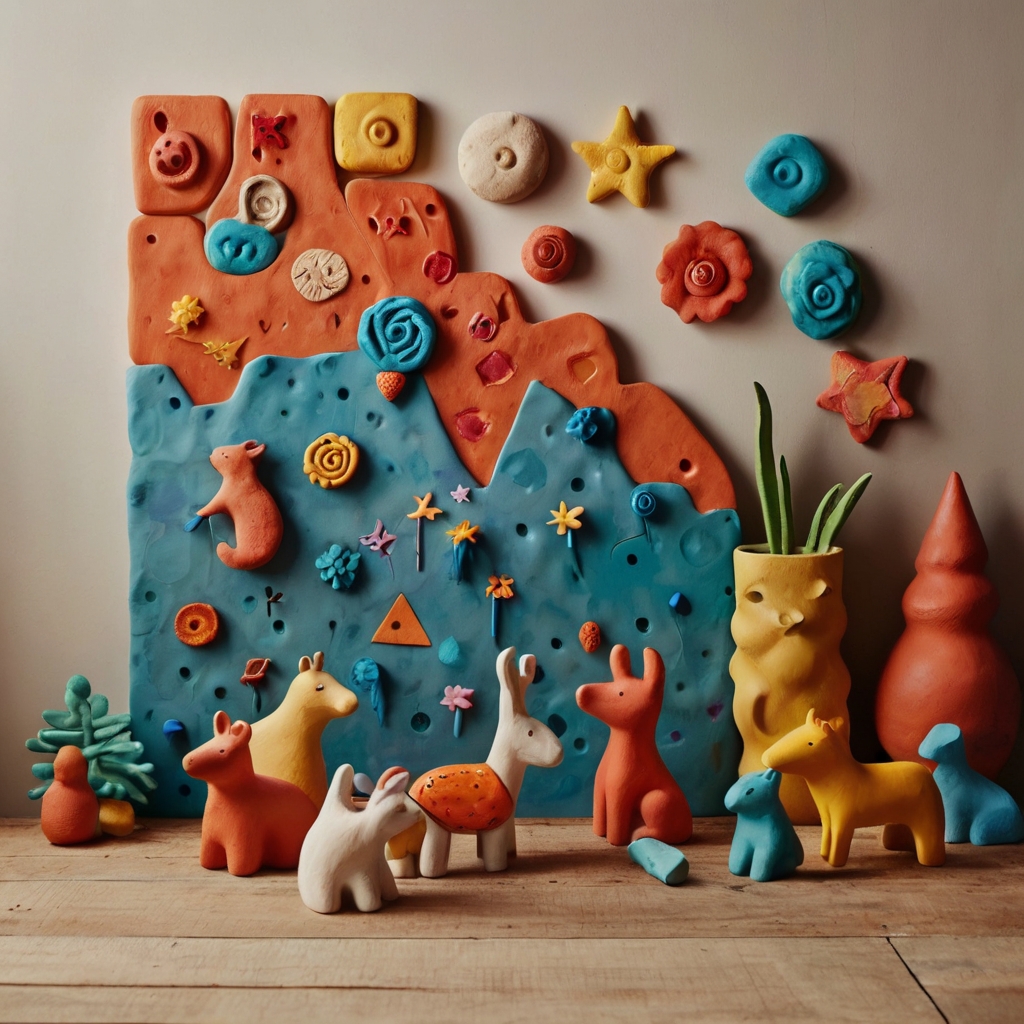 Whimsical clay wall hangings with quirky animal shapes and playful colors. Soft natural light highlights the fun, imaginative atmosphere.