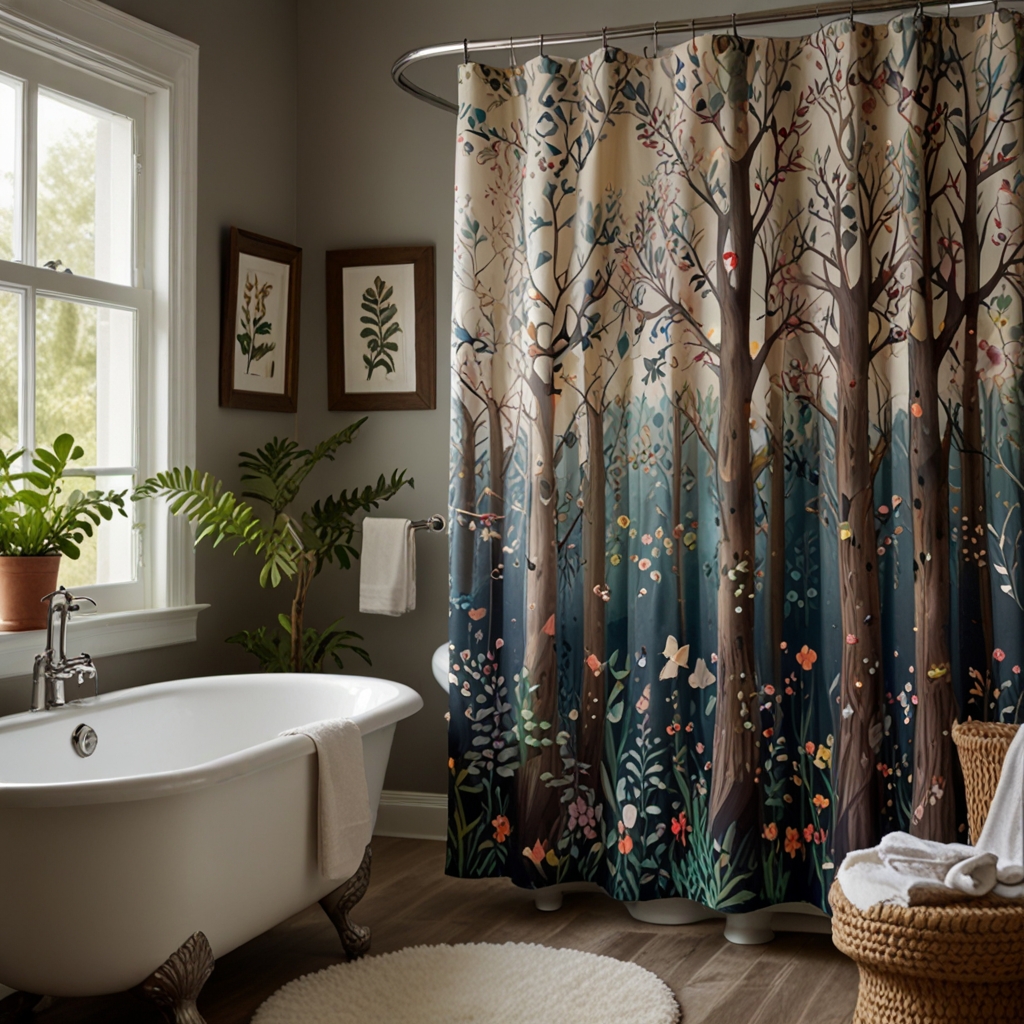 Add magic to your bathroom with whimsical shower curtains featuring fairytale scenes. Soft, dreamy lighting creates a fantasy-filled atmosphere.