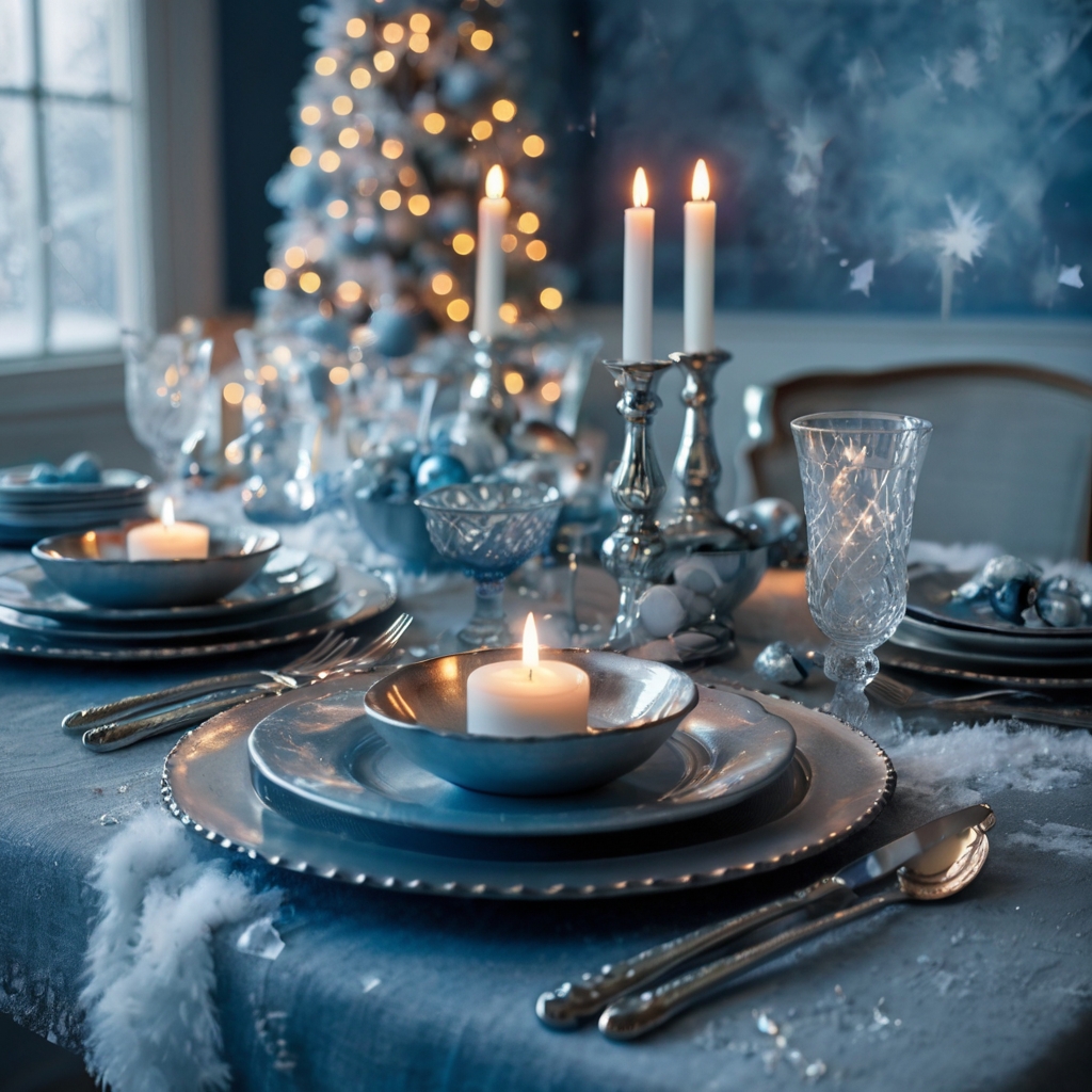 Create a frosty scene with silver accents, frosty blue hues, and soft fairy lights to evoke a wintery atmosphere.