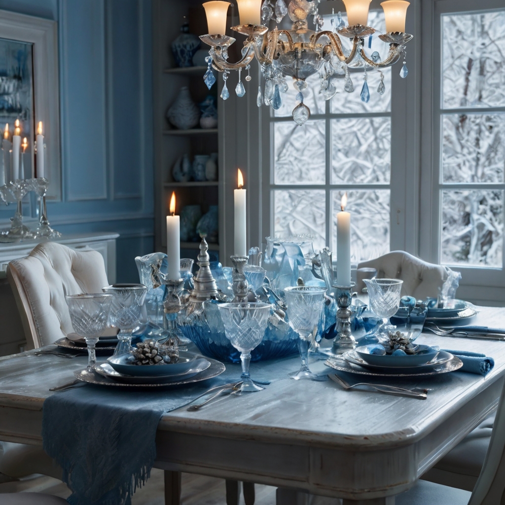A frosty dining table with icy blue, white, and silver accents, adorned with snowflakes and crystal glassware. Soft candles illuminate the serene winter vibe.